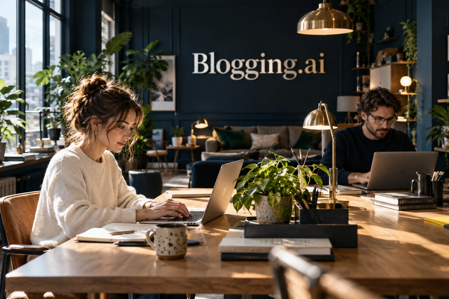 Writers and editors working in a warm contemporary publishing studio