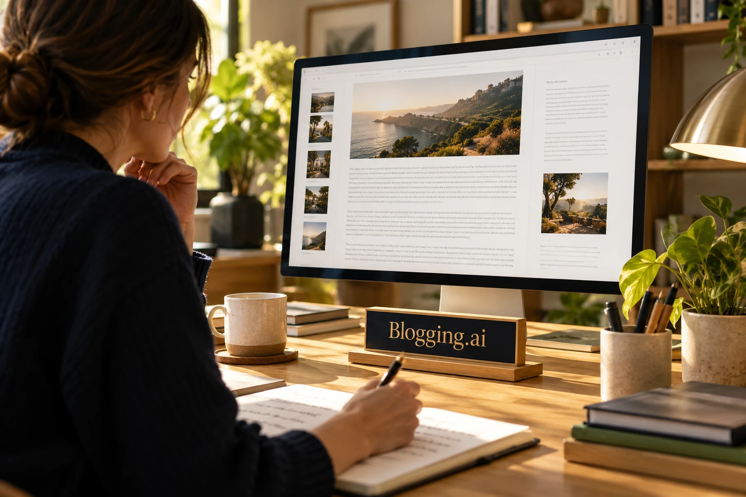 An editor reviewing publishing work at a desktop computer